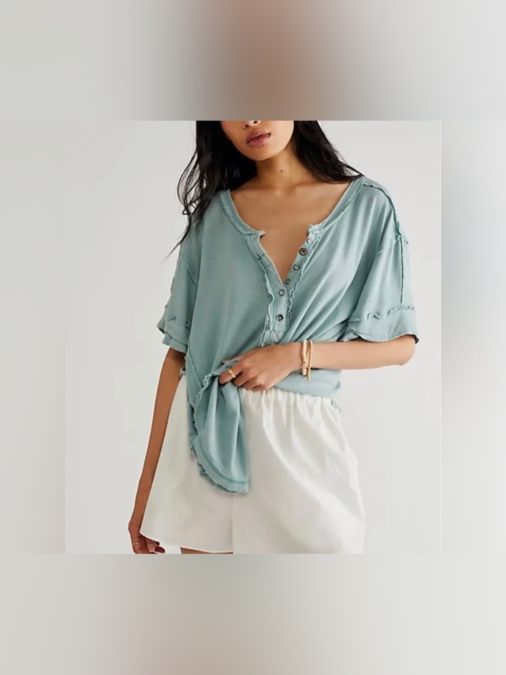 Free People Washed Sage Green Button Henley Short Sleeve Tee - Picture 3 of 8